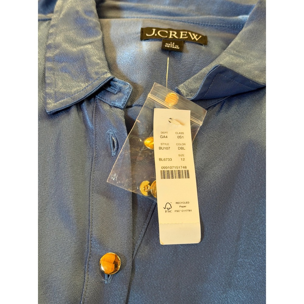 J.Crew Luster Crepe Midi Shirtdress Delphinium Blue Gold Button BU107 Womens 12 - Picture 5 of 9